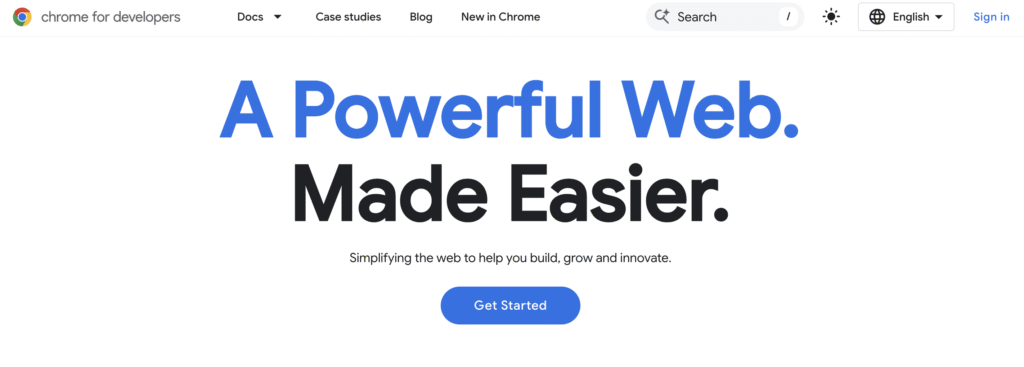 Página inicial do site Chrome para desenvolvedores
