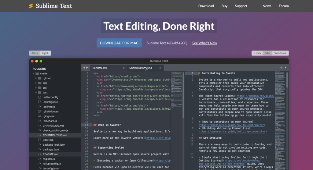 Página inicial do site Sublime Text