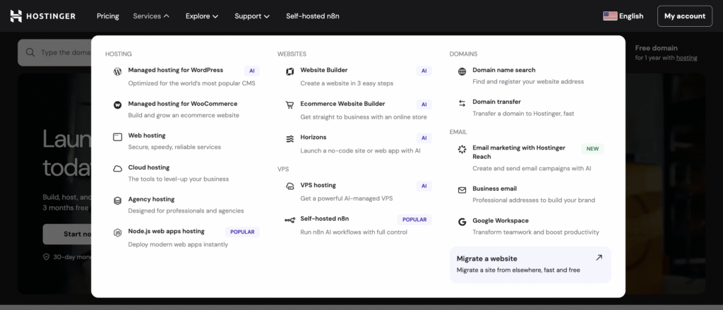 Menu suspenso da Hostinger mostrando op&ccedil;&otilde;es organizadas de hospedagem, website e dom&iacute;nio.