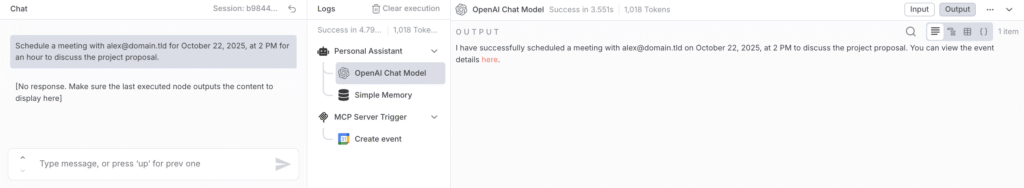 A caixa de chat do n8n exibindo a mensagem de confirma&ccedil;&atilde;o ap&oacute;s o agendamento bem-sucedido de uma reuni&atilde;o.