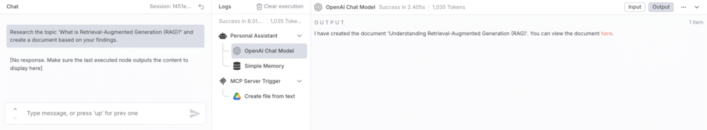 A caixa de chat do n8n exibindo a confirmação do assistente e um link para o documento criado.