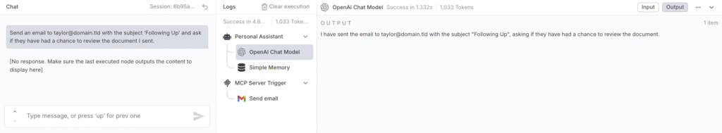A caixa de chat do n8n exibindo a mensagem de confirma&ccedil;&atilde;o ap&oacute;s o envio bem-sucedido de um e-mail.