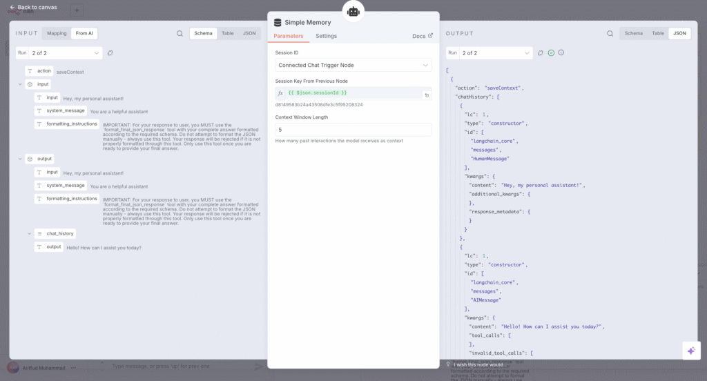 O nó Simple Memory no n8n, com o parâmetro de comprimento da janela de contexto definido como 5.