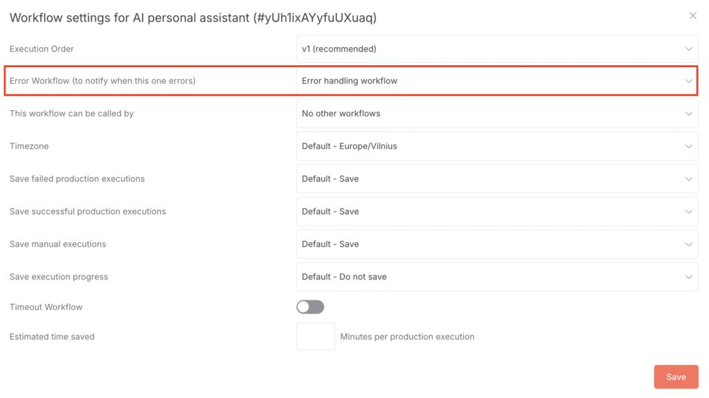 O painel de configurações de fluxo de trabalho do n8n, com o campo Error Workflow destacado.