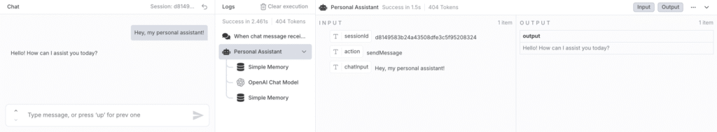 Uma captura de tela da caixa de chat de teste integrada do editor do n8n para o n&oacute; Chat Trigger.