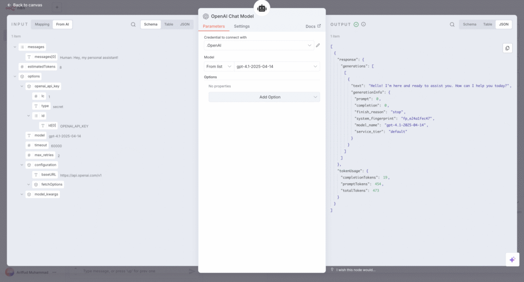 Os parâmetros do nó OpenAI Chat Model do n8n, com o modelo gpt-4.1-2025-04-14 selecionado.