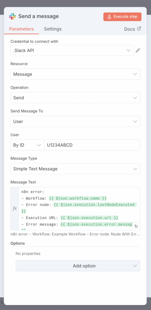Os par&acirc;metros do n&oacute; do Slack do n8n, exibindo a mensagem de erro personalizada com dados din&acirc;micos.