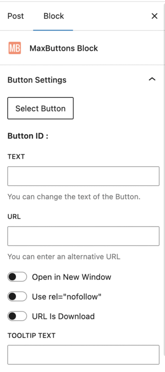 Painel de configura&ccedil;&atilde;o do bloco MaxButtons