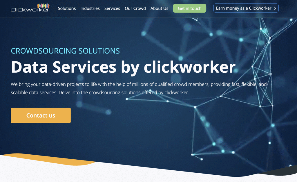 A página inicial da Clickworker destaca serviços de crowdsourcing de dados, apresentando soluções escaláveis para projetos orientados por dados.