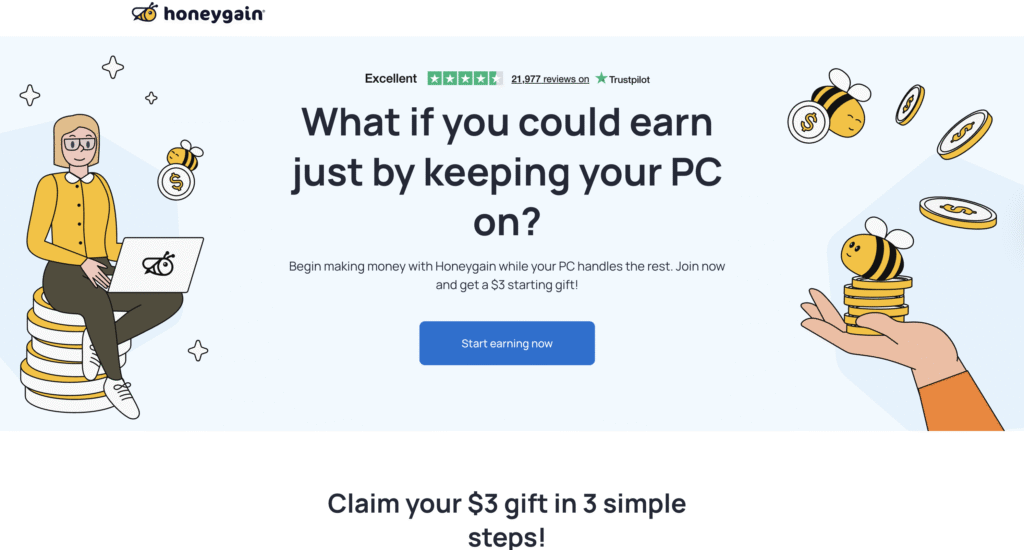A página inicial da Honeygain ilustra uma pessoa ganhando dinheiro usando o aplicativo em um laptop, cercada por moedas e abelhas, promovendo a facilidade de ganhar dinheiro online.
