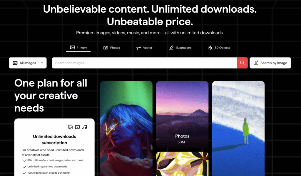A página inicial do Shutterstock apresenta planos de assinatura para downloads ilimitados de imagens, vídeos e músicas para necessidades criativas.