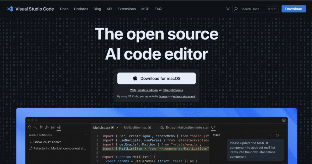 Página inicial do site do Visual Studio Code