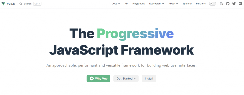 Vue.js, um framework JavaScript progressivo para a construção de interfaces de usuário web.