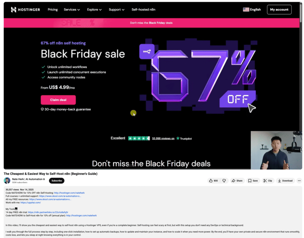 Tutorial de auto-hospedagem n8n patrocinado pela Hostinger, do YouTuber Nate Herk