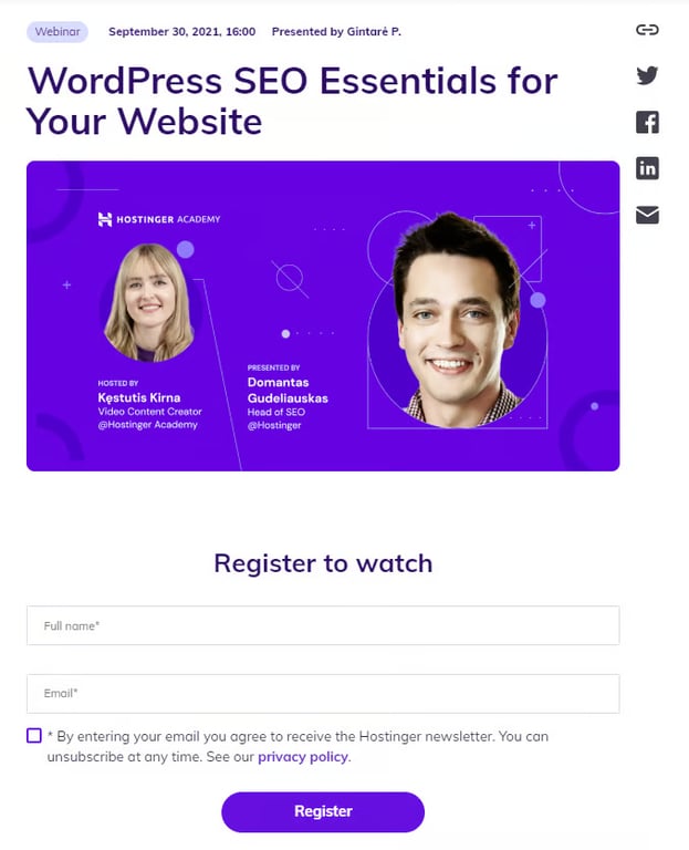 P&aacute;gina de registro para um webinar da Hostinger