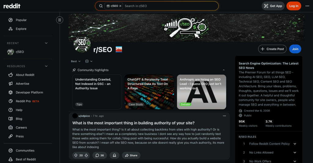 P&aacute;gina inicial de SEO do Reddit