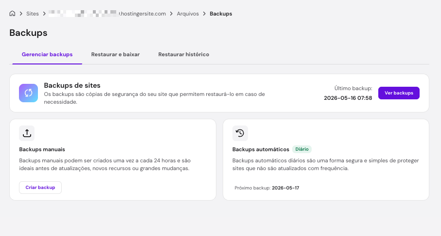 O recurso de gerenciamento de backups no hPanel da Hostinger