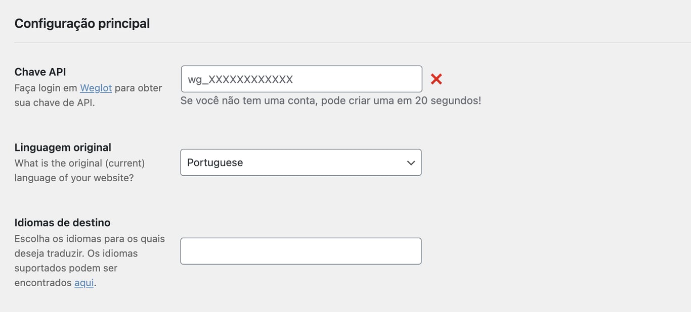 A p&aacute;gina de configura&ccedil;&atilde;o inicial do Weglot no painel do WordPress