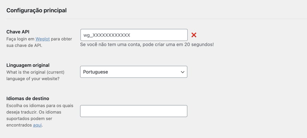 A página de configuração inicial do Weglot no painel do WordPress