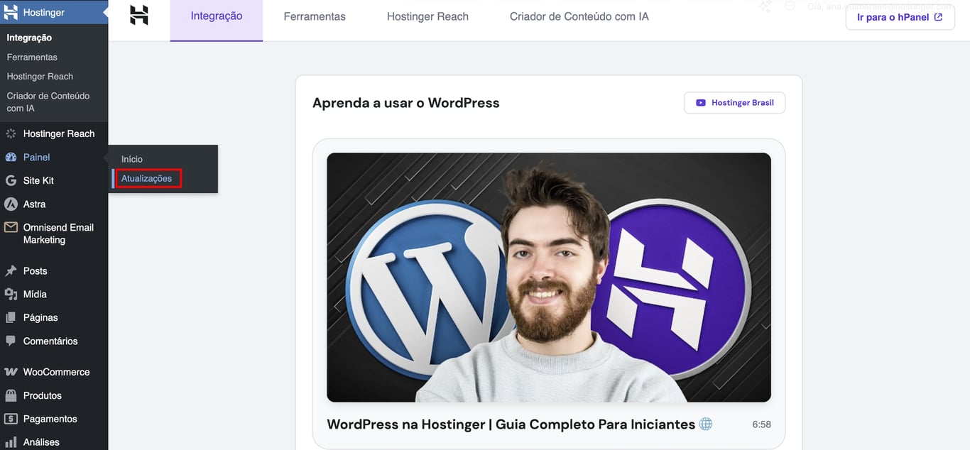 Checklist de seguran&ccedil;a do WordPress: 30 medidas para proteger seu site Painel do WordPress mostrando a se&ccedil;&atilde;o Atualiza&ccedil;&otilde;es destacada, onde os usu&aacute;rios podem atualizar o software principal do WordPress.