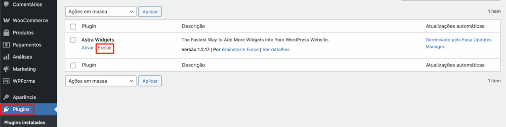 Painel do WordPress exibindo a se&ccedil;&atilde;o de Plugins com a op&ccedil;&atilde;o de excluir um plugin inativo.