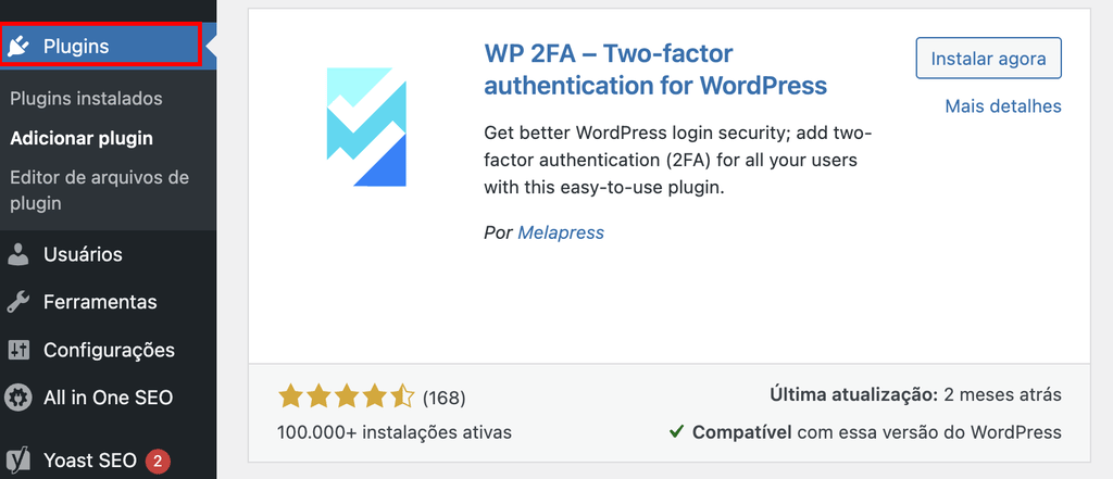 Se&ccedil;&atilde;o de plugins do painel do WordPress mostrando a tela de instala&ccedil;&atilde;o do plugin WP 2FA