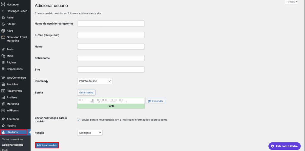 Painel do WordPress mostrando a tela de 'Adicionar Novo Usu&aacute;rio', onde o propriet&aacute;rio de um site pode inserir os dados do usu&aacute;rio e atribuir fun&ccedil;&otilde;es.