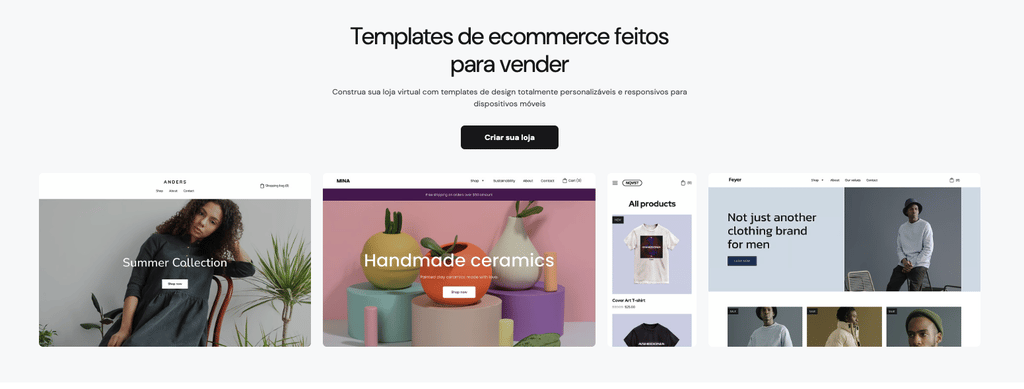 Criador de sites de e-commerce da Hostinger exibindo templates personalizáveis para diferentes lojas virtuais