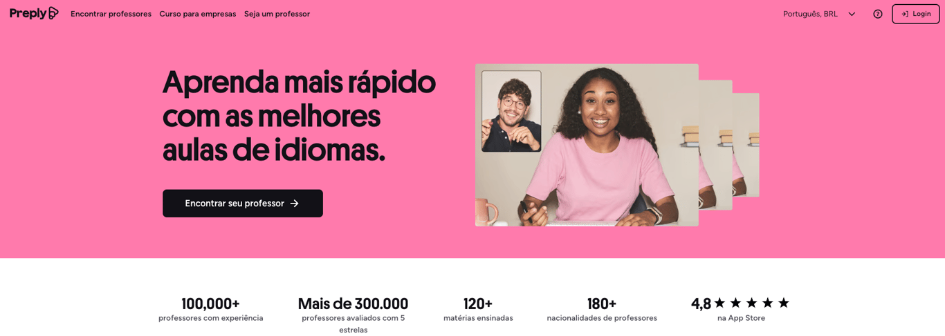 P&aacute;gina inicial da Preply com um aluno usando uma plataforma de aprendizado online e um professor particular para aulas de Gerenciamento de Projetos.