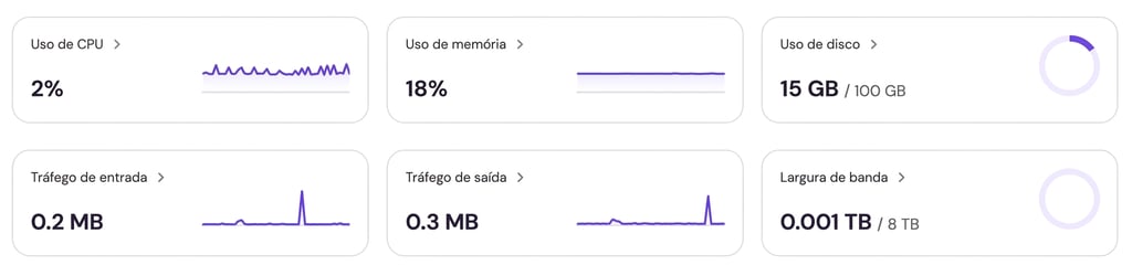 Visão geral do VPS no hPanel da Hostinger mostrando gráficos de uso de recursos.