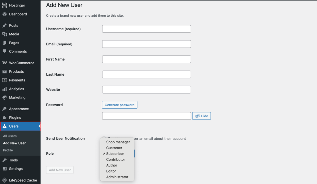 Menu suspenso com diferentes funções de usuário de uma loja WooCommerce no painel administrativo do WordPress