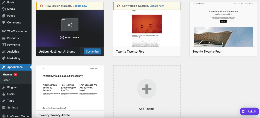 Tela do painel administrativo do WordPress mostrando atualizações de tema disponíveis