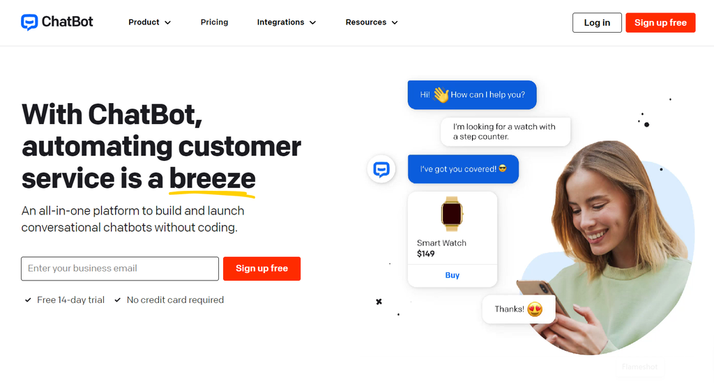 Página inicial do ChatBot, uma plataforma de suporte ao cliente por chat ao vivo com IA