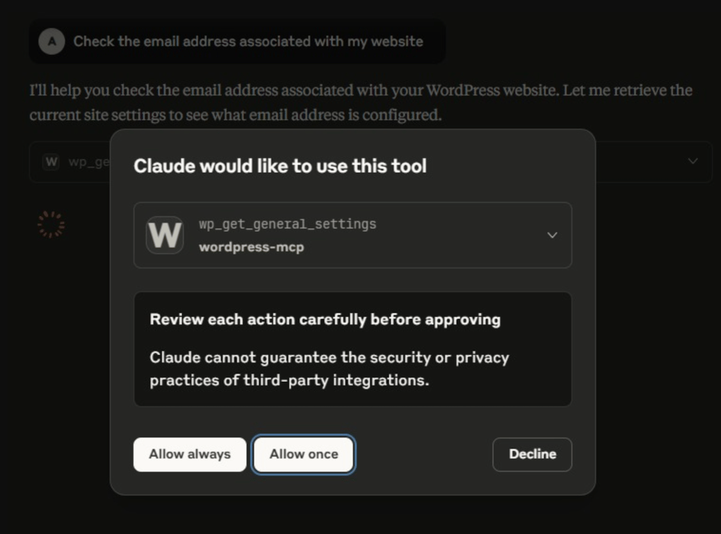 Claude pede permiss&atilde;o para modificar um site em WordPress
