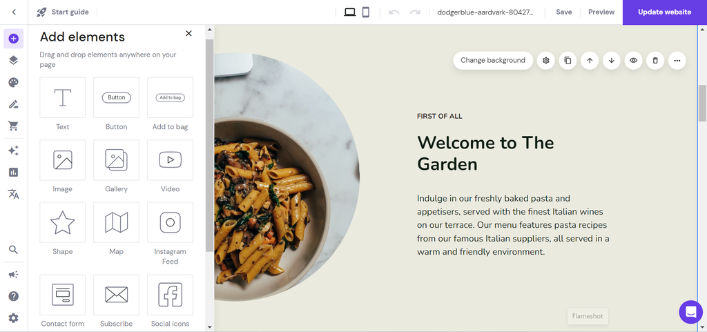 Interface do editor de arrastar e soltar do Criador de Sites da Hostinger, mostrando onde adicionar novos elementos