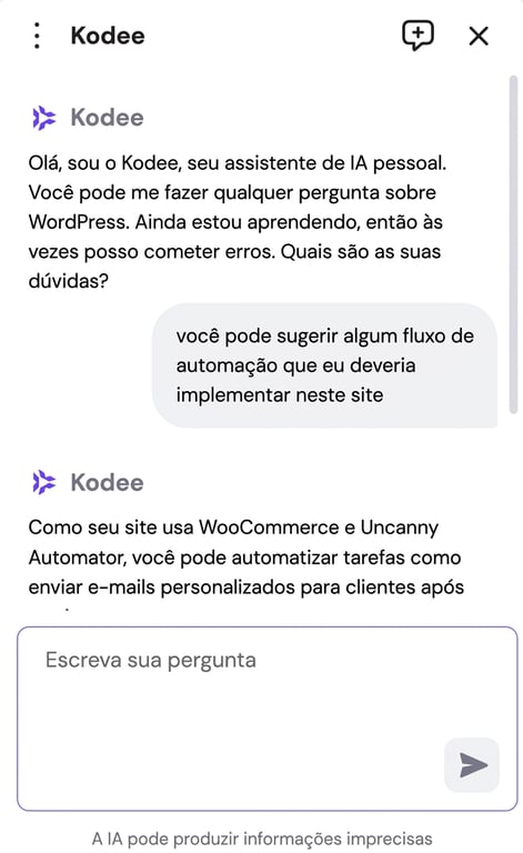 Uma janela de chat com a Kodee, a Assistente de IA da Hostinger