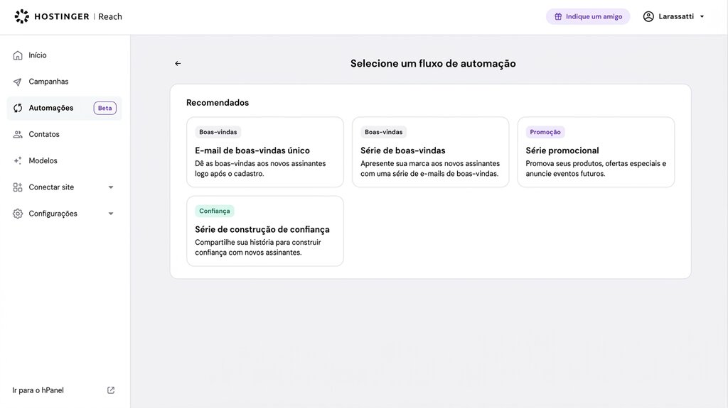 O painel do Hostinger Reach mostrando o menu Automa&ccedil;&otilde;es