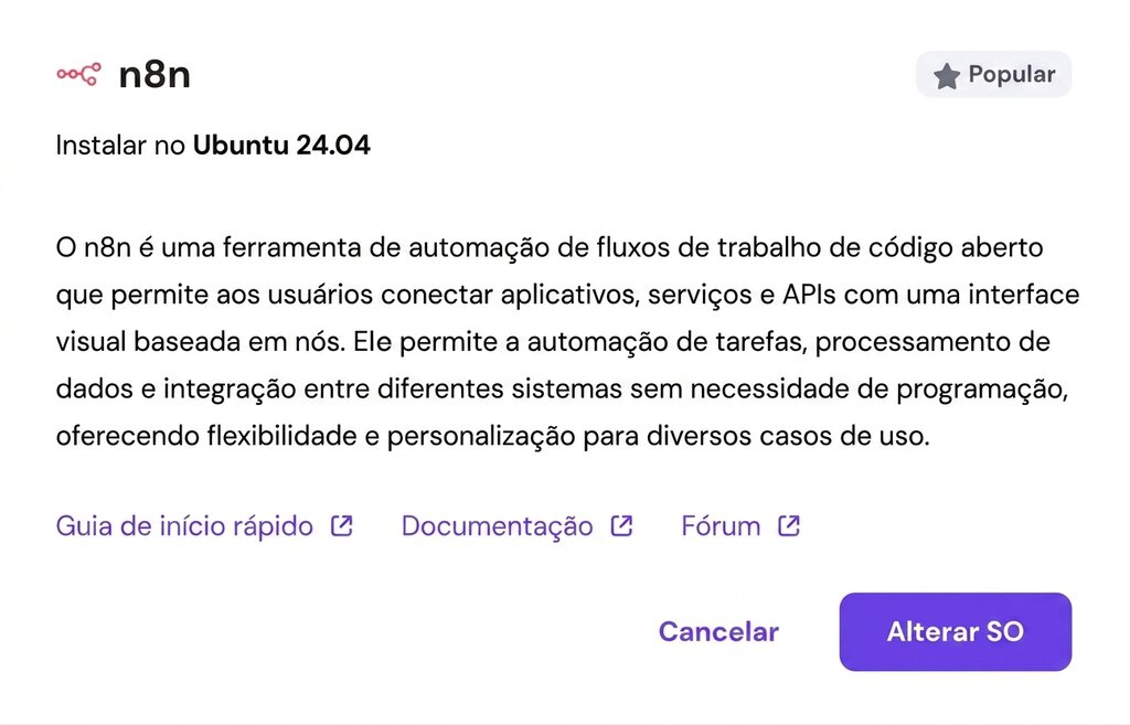 requisitos de vps para o n8n: Selecionando o template do n8n no Ubuntu 24.04 no hPanel.