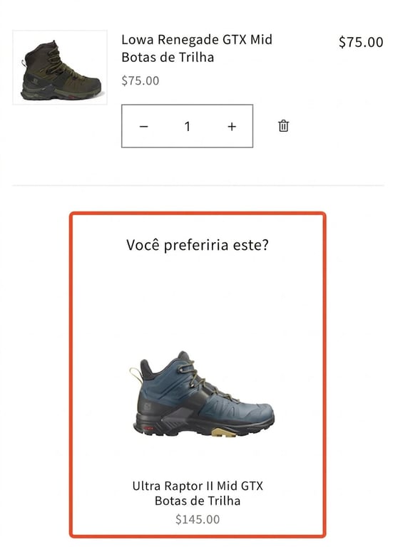 Como vender sapatos online: sugestão para um par de botas de trilha com uma alternativa recomendada de preço mais alto
