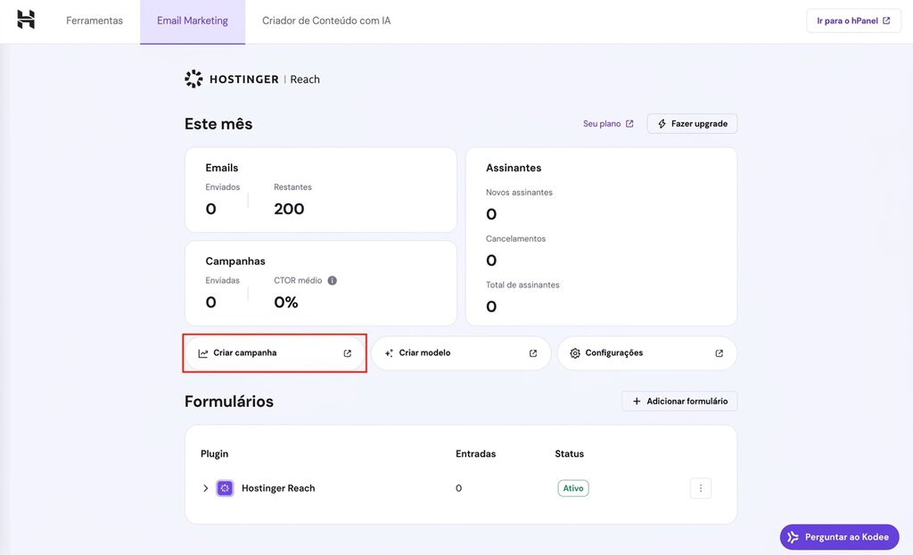 O bot&atilde;o Criar campanha no painel do Hostinger Reach no WordPress