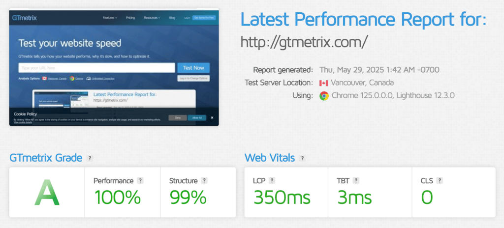Benchmark de desempenho de sites do GTmetrix
