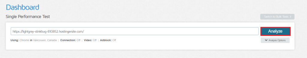Painel do GTmetrix mostrando um campo para inserir a URL do teste de desempenho e opções de análise
