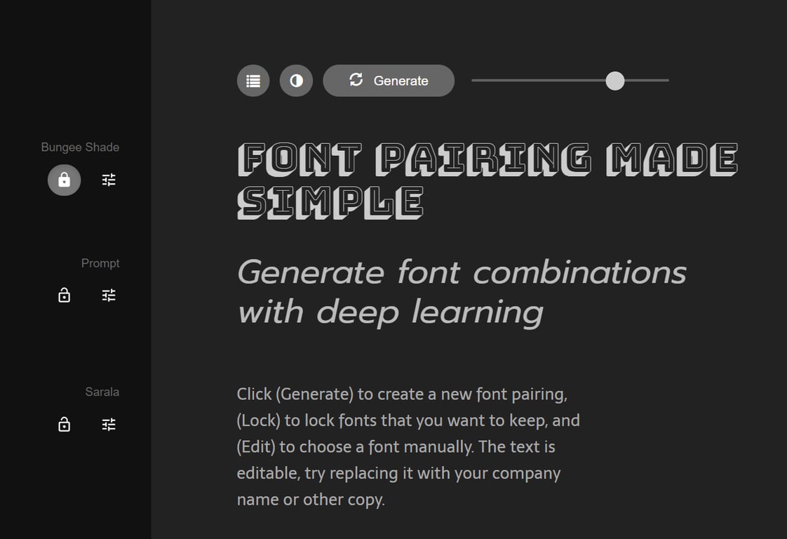 Interface do usuário do Fontjoy, um gerador de combinações de fontes com IA