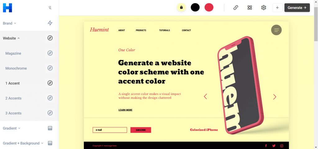 Interface do usuário do Huemint, um gerador de paletas de cores com IA