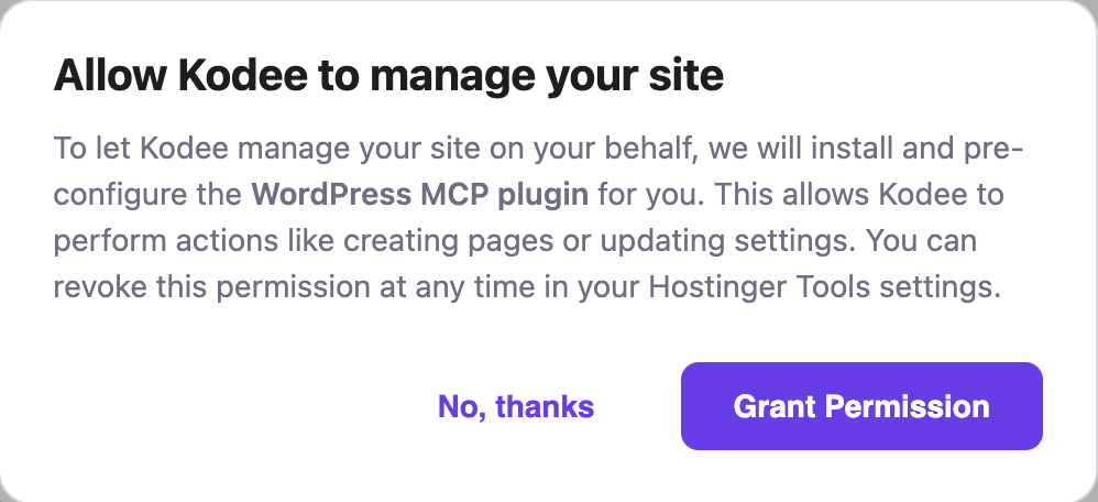 Kodee pede permiss&atilde;o para gerenciar o WordPress