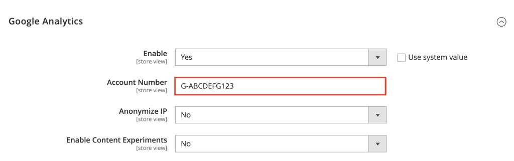 Painel administrativo do Magento mostrando o campo Número da conta do Google Analytics destacado nas configurações da API do Google