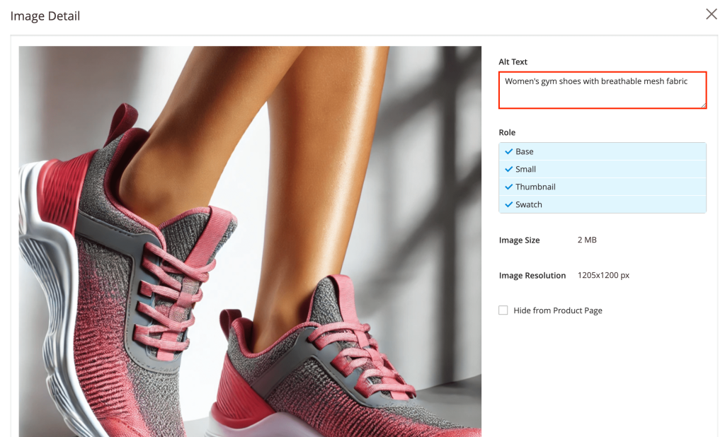 Editor da página de produto no Magento destacando o campo Texto alternativo de uma imagem