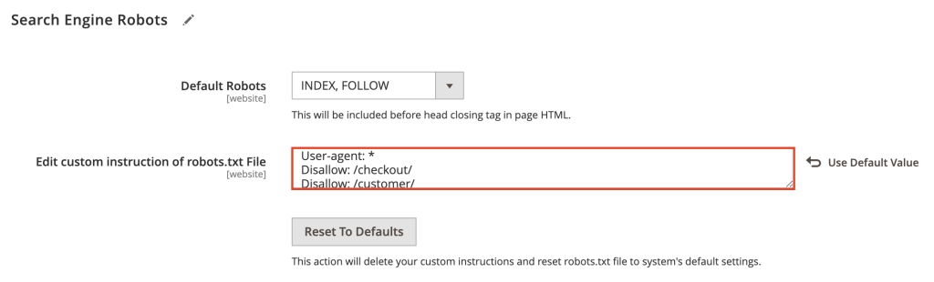 Painel administrativo do Magento destacando o campo de instruções personalizadas do robots.txt nas configurações de Robôs para mecanismos de busca