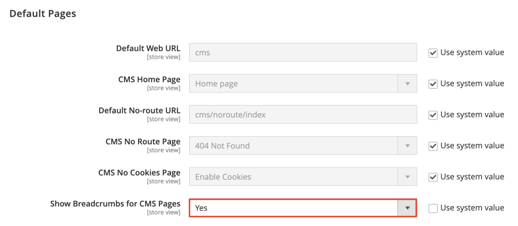 Painel administrativo do Magento destacando a opção Mostrar breadcrumbs em páginas CMS na seção Páginas padrão