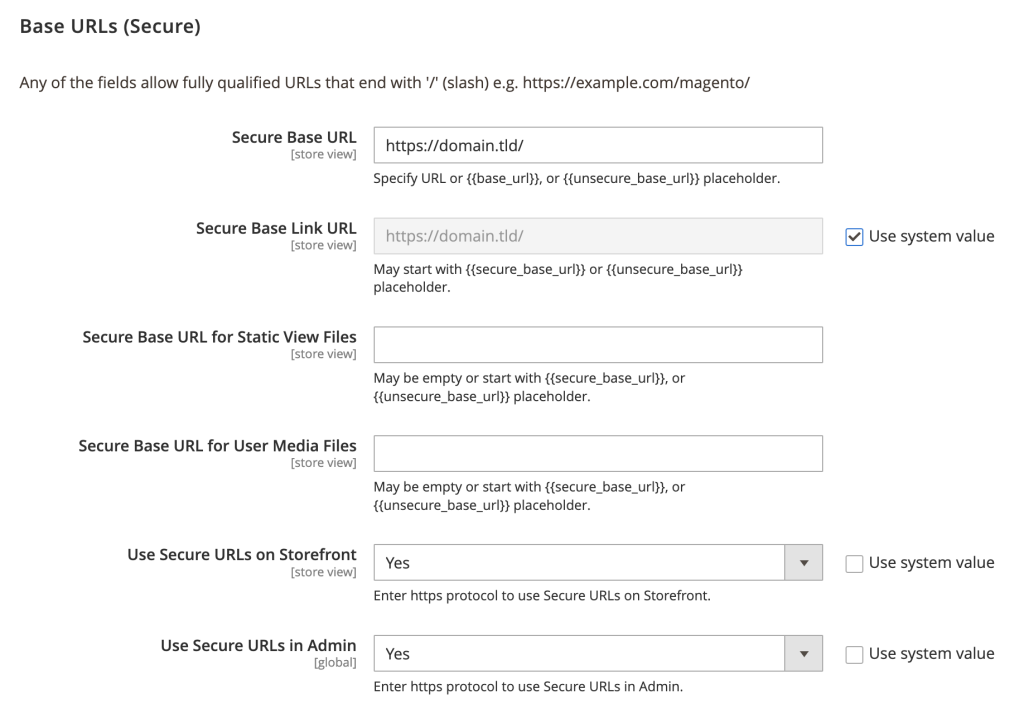 Painel administrativo do Magento mostrando as opções de configuração de URLs base (seguras)